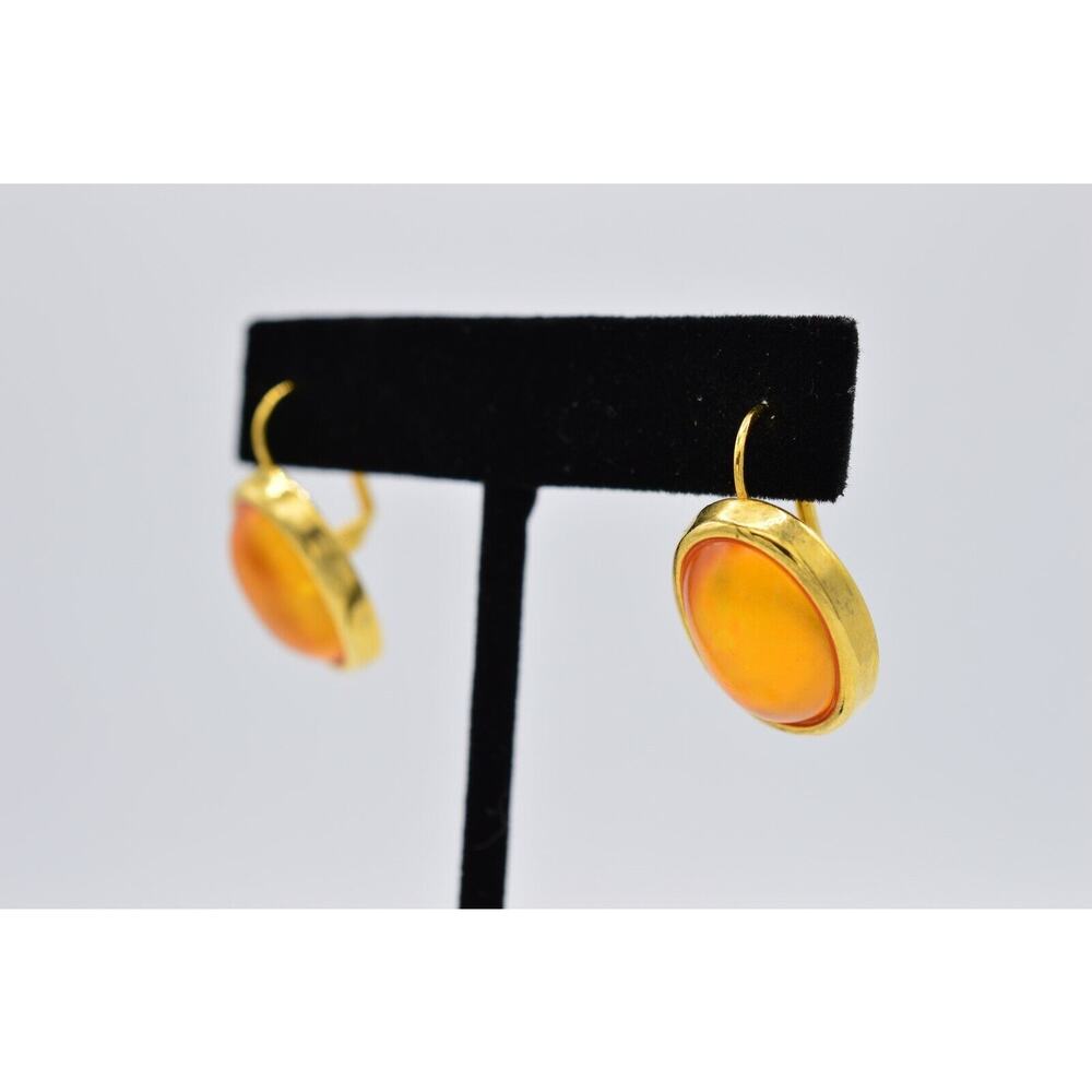 Vintage Cabochon Earrings Matte Orange Jelly Dangle Gold Tone Drop 1980s Binw View 2